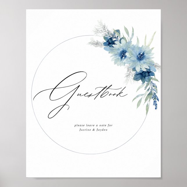 Dusty Blue Boho Blommigt Guestbook-tecken Poster (Framsidan)