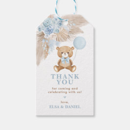 Dusty Blue Boho Blommigt Pampas Nalle Baby Presentetikett