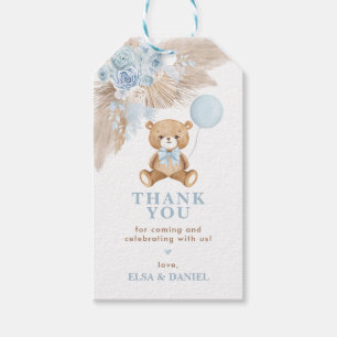 Dusty Blue Boho Blommigt Pampas Nalle Baby Presentetikett