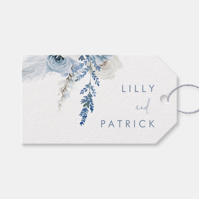 Dusty Blue Boho Blommigt Wedding Favor Presentetikett (Framsidan (Horisontell))