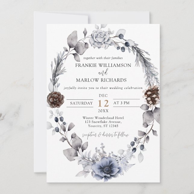 Dusty Blue Boho Blommigt Winter Wedding Inbjudningar (Framsida)