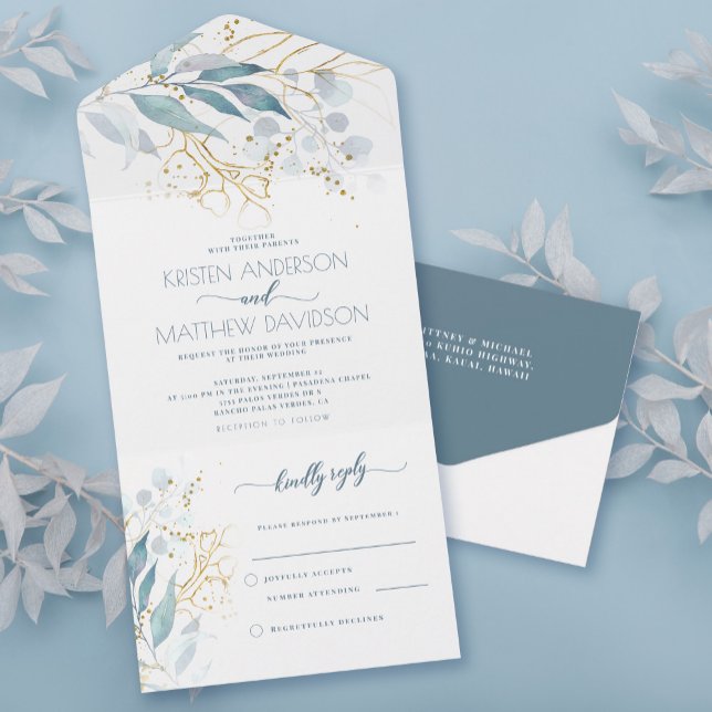 Dusty Blue Boho Botanical Watercolor Bröllop (These budget-friendly wedding invitations are designed with an easy-to-tear-off perforated RSVP.)