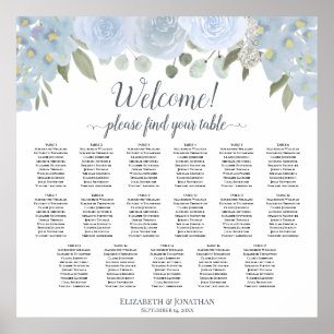 Dusty Blue Boho Chic Blommigt 17 Bord Sittdiagram Poster