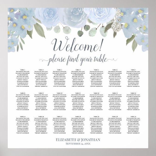 Dusty Blue Boho Chic Blommigt 21 Bord Sittdiagram Poster (Framsidan)