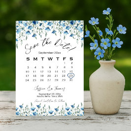 Dusty Blue Boho Chic Wildblommor Bröllop Calendar Spara Datumet