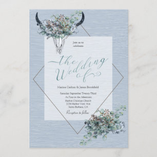 Dusty Blue Boho Cow Skull Blommigt Vattenfärg Inbjudningar