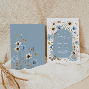 Dusty Blue Boho Fairy Wildblomma Baby Shower Inbjudningar