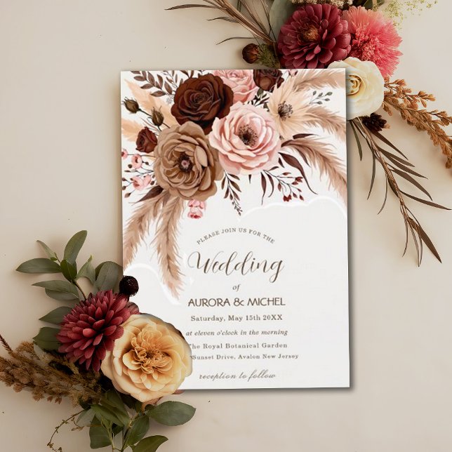 Dusty Blue Boho Floral Pampas Grass Wedding Inbjudningar (Skapare uppladdad)