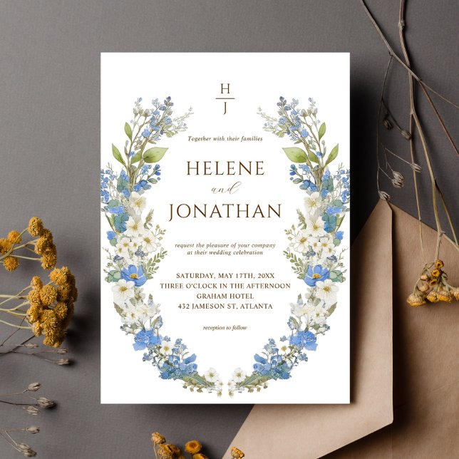 Dusty Blue Boho Garden Blommigt Elegant bröllop Inbjudningar (Dusty Blue Boho Garden Floral Elegant Wedding Invitation)