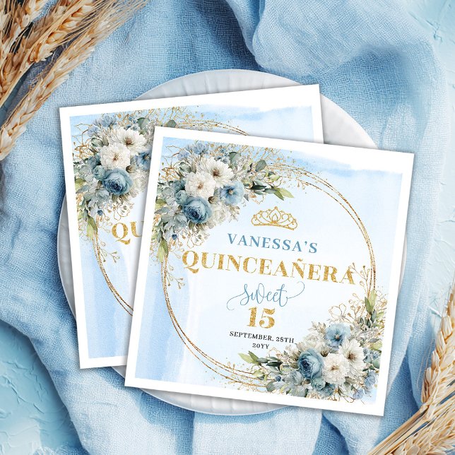 Dusty Blue Boho Greenery Gold Glitter Quinceañera  Pappersservett (Dusty Blue Boho Greenery Gold Glitter Quinceañera Napkins)