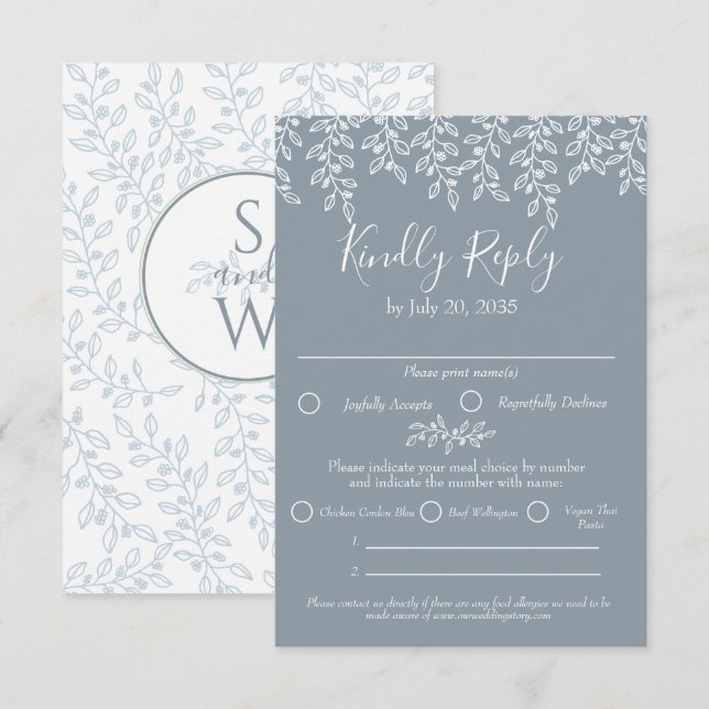 Dusty Blue Boho Modern Elegant Botanical Bröllop OSA Kort (Fram/baksida)