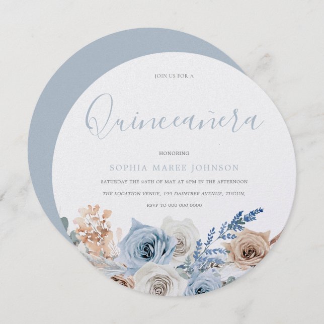 Dusty Blue Boho Pear Shimmer Quinceanera Party Inbjudningar (Fram/baksida)