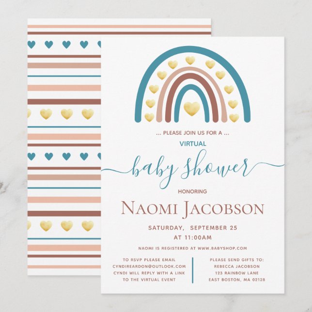 Dusty Blue Boho Rainbow Virtuell Baby Shower Inbjudningar (Fram/baksida)