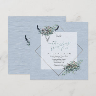 Dusty Blue Boho Rustic Cow skalle med blommor Inbjudningar