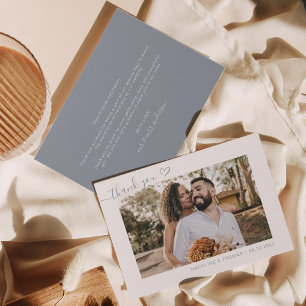 Dusty Blue Boho Simple Photo Heart Script Bröllop Tack Kort