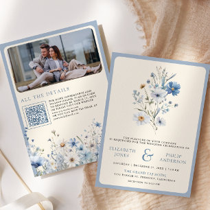 Dusty Blue Boho Vildblomma Foto QR-kod Bröllop Inbjudningar
