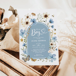 Dusty Blue Boho WildblomBoy Shower Inbjudningar