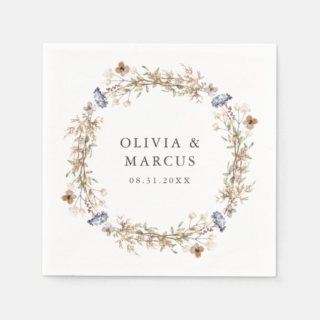 Dusty Blue Boho Wildblomen Wandeans Bröllop Pappersservett (Framsidan)