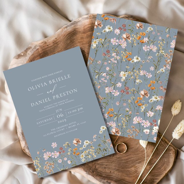 Dusty Blue Boho WildblomGarden Wedding Wedding Inbjudningar (Skapare uppladdad)