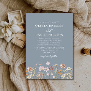 Dusty Blue Boho Wildblomma Rustic Garden Wedding Inbjudningar