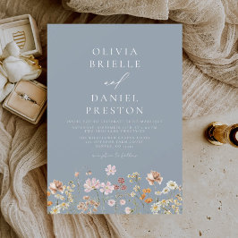 Dusty Blue Boho Wildblomma Rustic Garden Wedding Inbjudningar