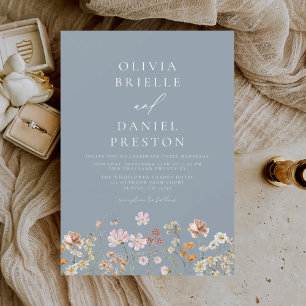 Dusty Blue Boho Wildblomma Rustic Garden Wedding Inbjudningar
