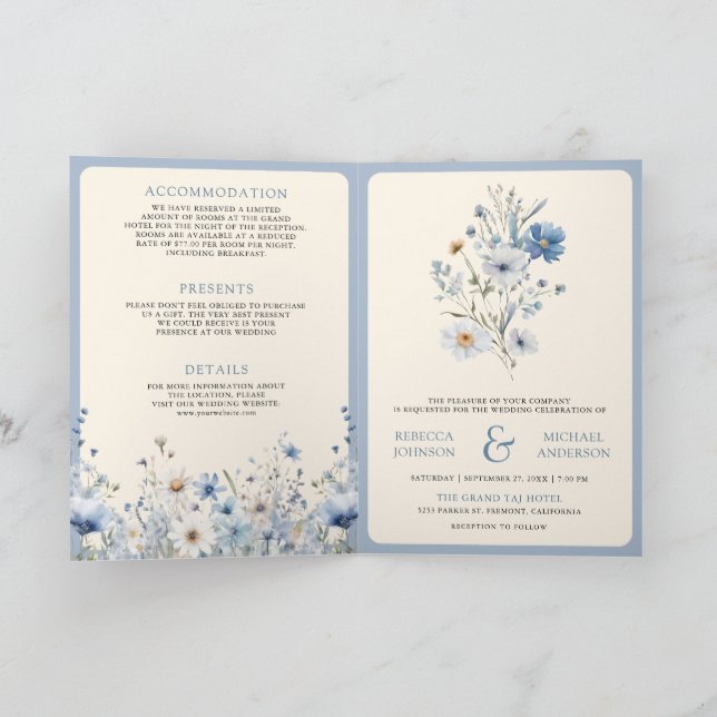 Dusty Blue Boho Wildflower QR Code Wedding Inbjudan (Inuti)