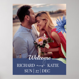 Dusty Blue Bold Blommigt Snyggt QR-kod Bröllop Poster