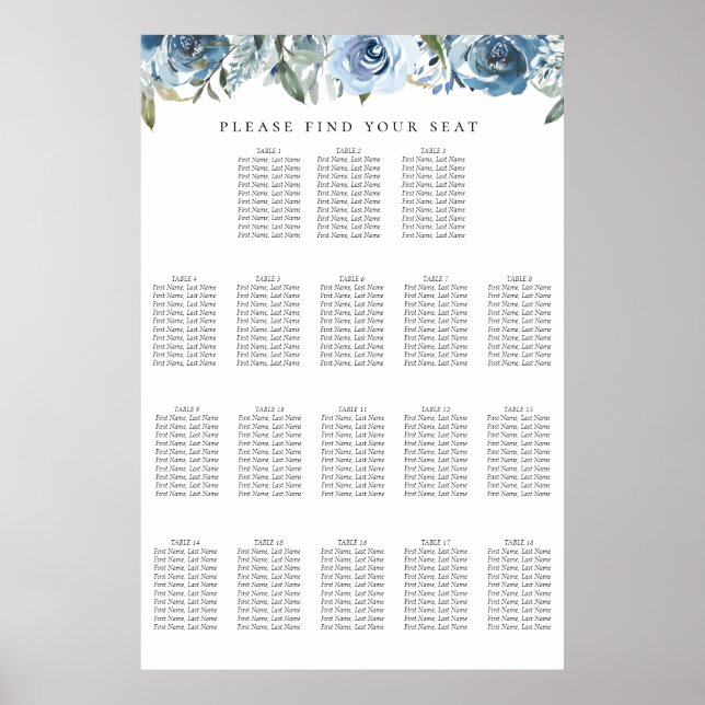 Dusty Blue Botanical 18 Bord Sittplatsdiagram Poster (Framsidan)