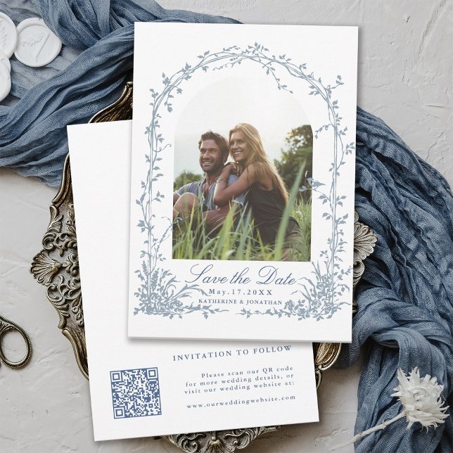 Dusty Blue Botanical Arch Garden Wedding Photo Spara Datumet (Front & Back)
