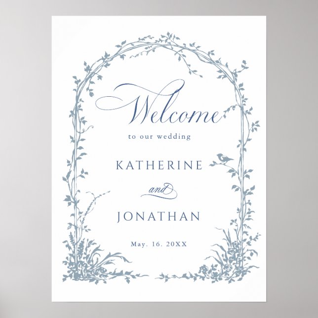 Dusty Blue Botanical Arch Garden Wedding Welcome  Poster (Framsidan)