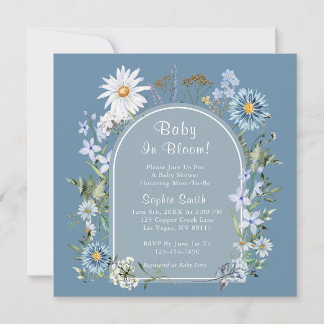 Dusty Blue Botanical Baby in Bloom Baby Shower Inbjudningar (Framsida)