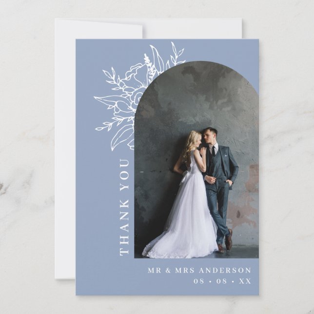 Dusty Blue Botanical Blommigt Arch Photo Bröllop Tack Kort (Framsida)