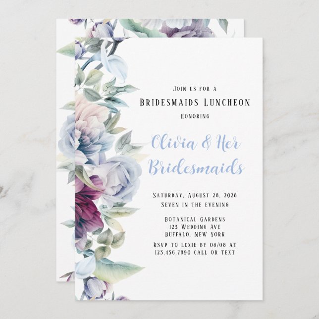 Dusty Blue Botanical Blommigts Bridesmaids Luncheo Inbjudningar (Fram/baksida)