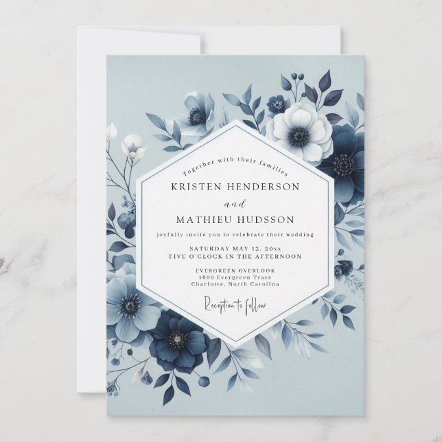 Dusty Blue Botanical Bloom Wedding Inbjudningar (Framsida)