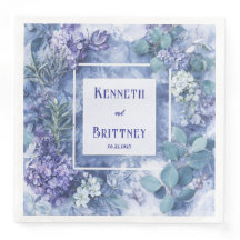 Dusty Blue Botanical Bröllop Napkins with Greenery