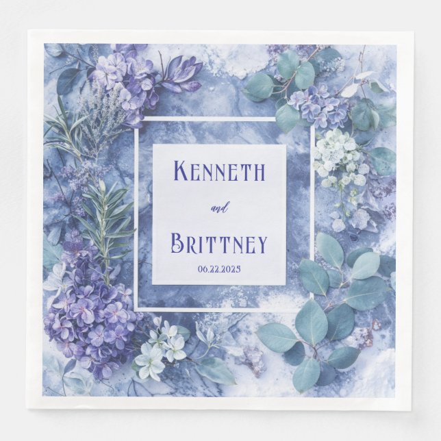 Dusty Blue Botanical Bröllop Napkins with Greenery Pappersservett (Framsida)