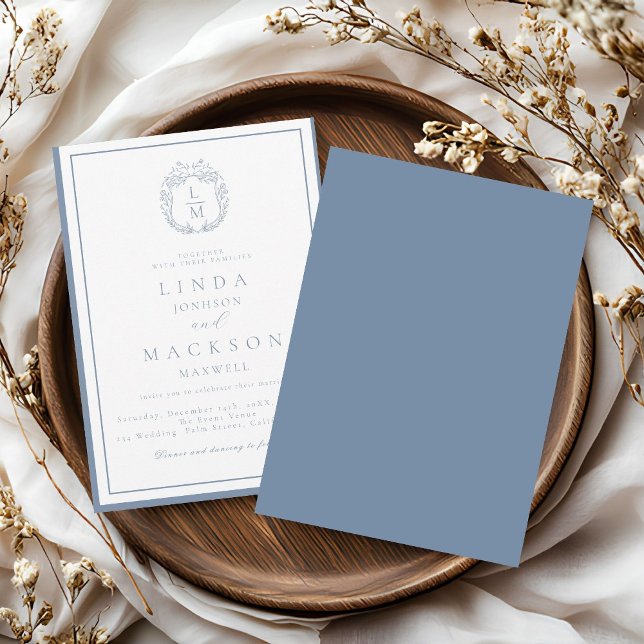 Dusty blue botanical crest monogram wedding inbjudningar (Skapare uppladdad)