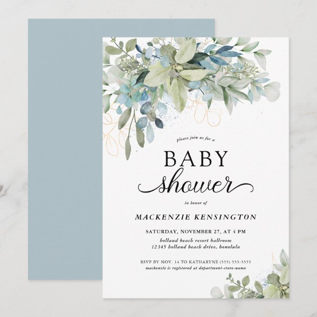 Dusty Blue Botanical Eucalyptus Baby Shower Inbjudningar (Fram/baksida)