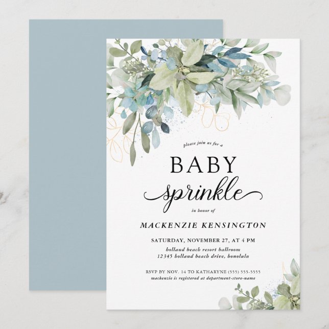 Dusty Blue Botanical Eucalyptus Baby Sprinkle Inbjudningar (Fram/baksida)