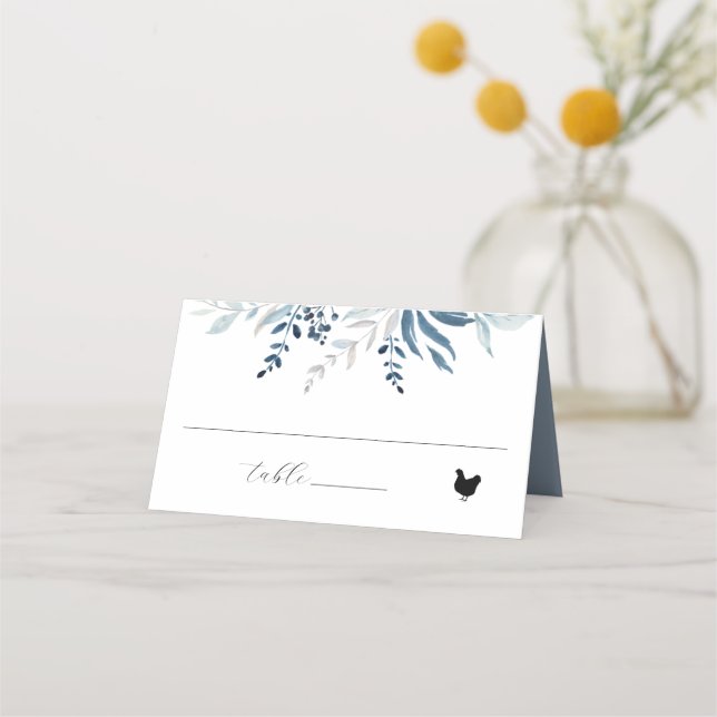 Dusty Blue Botanical Foliage Bröllop Meal Icon Placeringskort (Framsida)