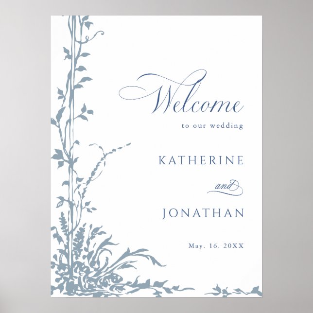 Dusty Blue Botanical Garden Wedding Welcome  Poster (Framsidan)