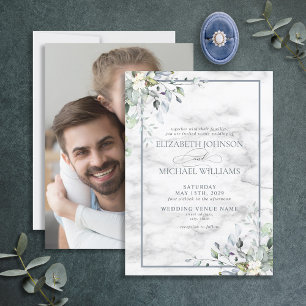 Dusty Blue Botanical Greenery Marble Photo Bröllop Inbjudningar