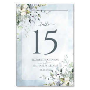Dusty Blue Botanical Greenery Watercolor Bröllop Bordsnummer