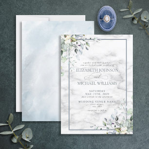 Dusty Blue Botanical Greenery White Marble Bröllop Inbjudningar