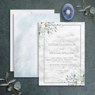 Dusty Blue Botanical Greenery White Marble Bröllop Inbjudningar
