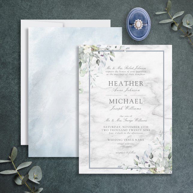 Dusty Blue Botanical Greenery White Marble Bröllop Inbjudningar (Skapare uppladdad)