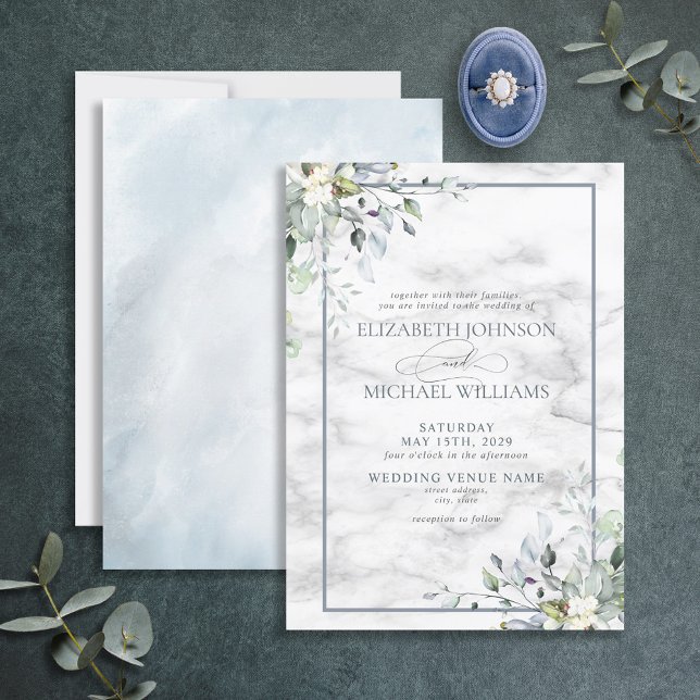 Dusty Blue Botanical Greenery White Marble Bröllop Inbjudningar (Skapare uppladdad)
