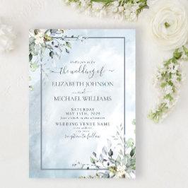 Dusty Blue Botanical Grey Watercolor Script Inbjudningar