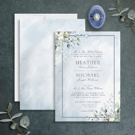 Dusty Blue Botanical Grey Watercolor Script Inbjudningar